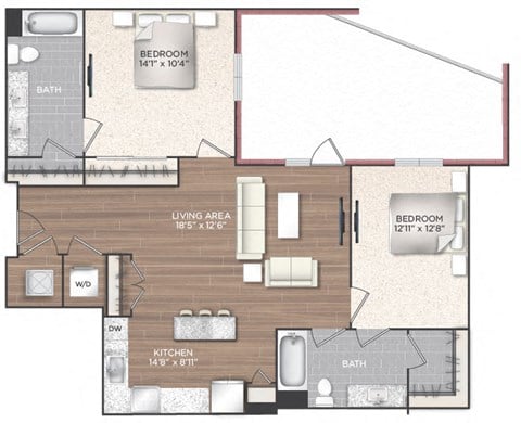 Floor plan for 2 beds, 2 baths, 1087 sqft
